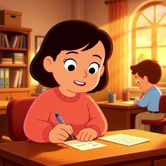 Jenny, a cartoon People lead, smiling as she writes feedback notes at her desk